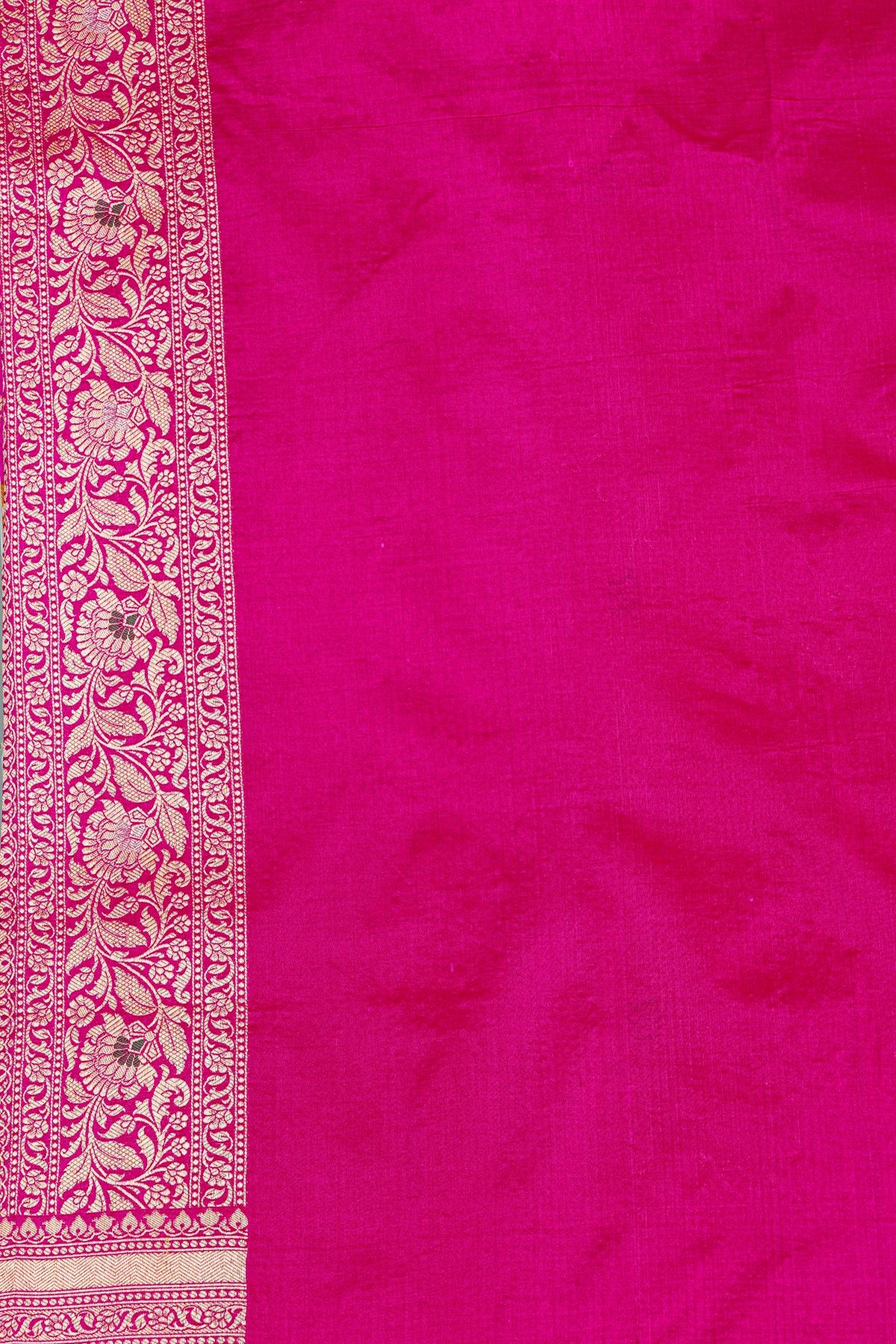 Banarasi Silk Rose Pink Saree With Florals And Leaves Jaal Border