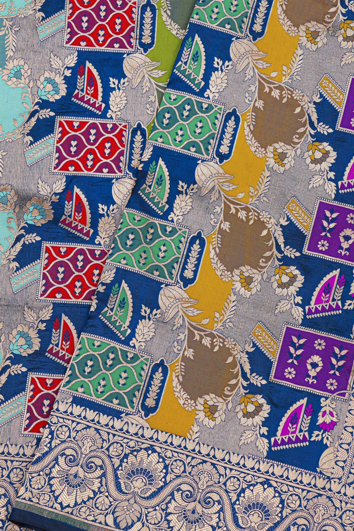 Banarasi Silk Multi-Colour Saree With Florals And Leaves Body