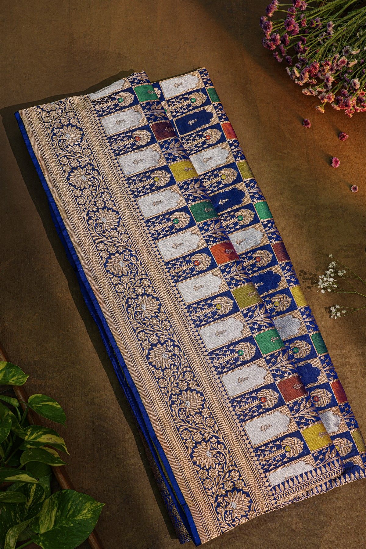 Banarasi Silk Multi-Colour Saree With Floral Brocade Pallu