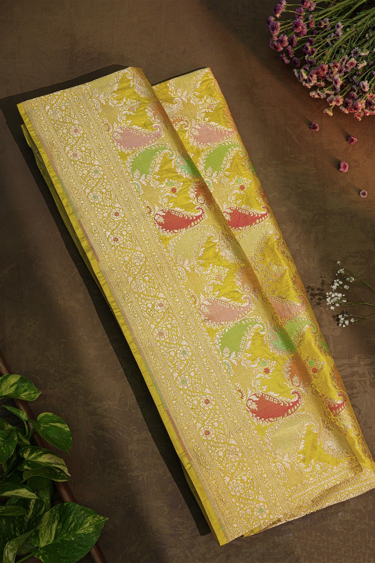 Banarasi Silk Multi-Colour Saree With Floral Brocade Pallu