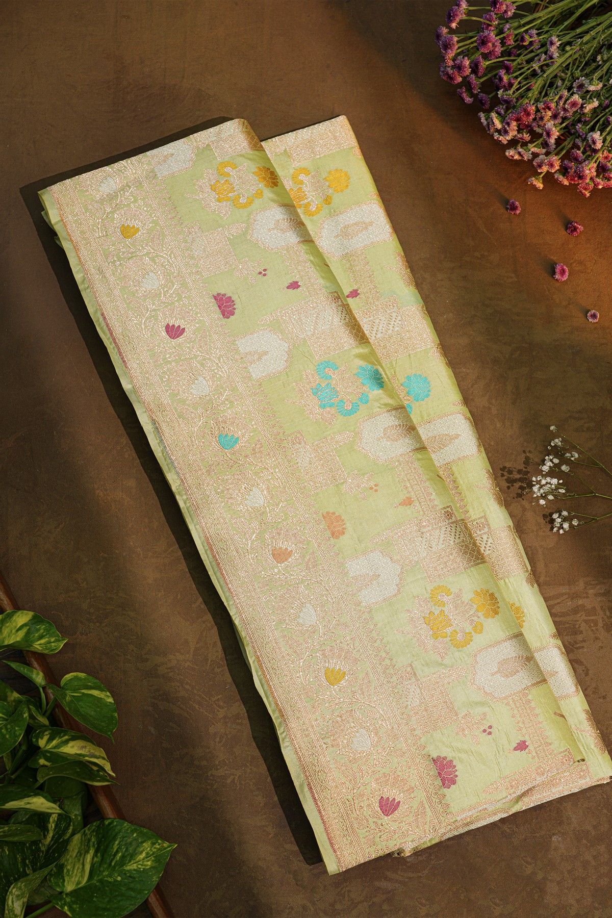 Banarasi Silk Pista Green Saree With Floral Brocade Pallu