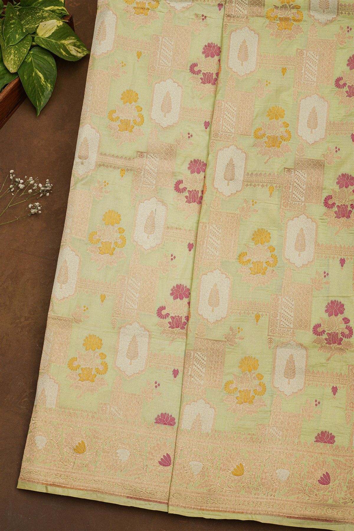 Banarasi Silk Pista Green Saree With Floral Brocade Pallu