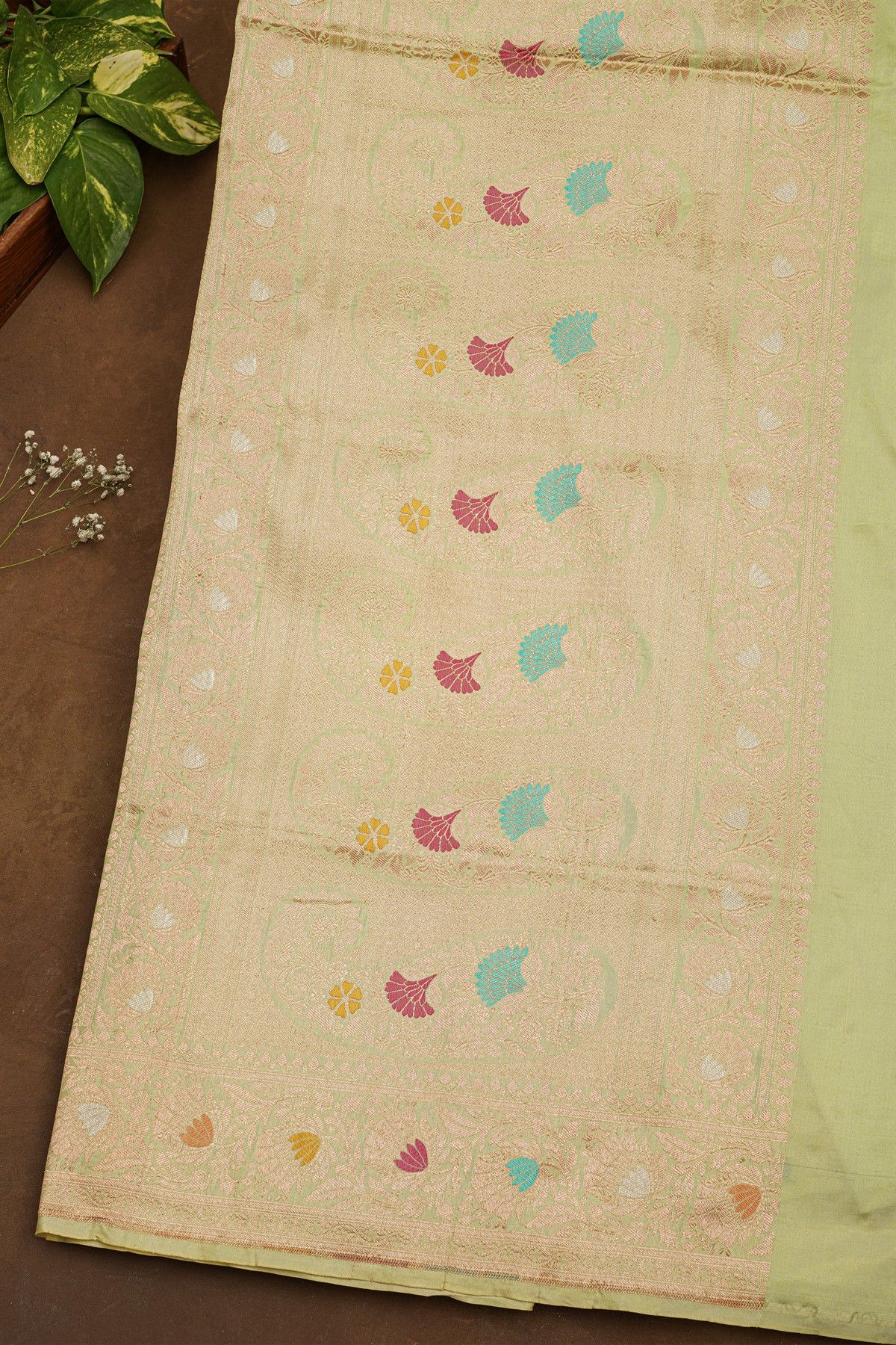 Banarasi Silk Pista Green Saree With Floral Brocade Pallu