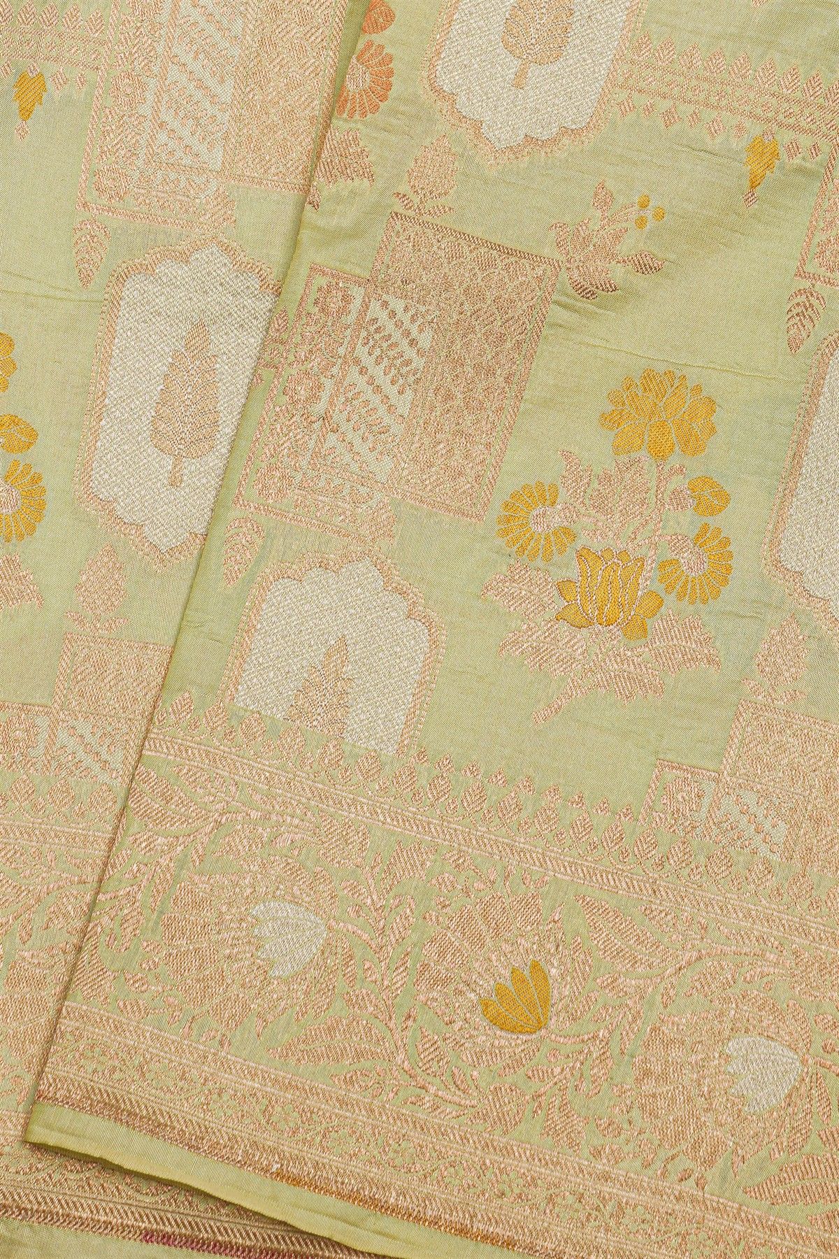 Banarasi Silk Pista Green Saree With Floral Brocade Pallu