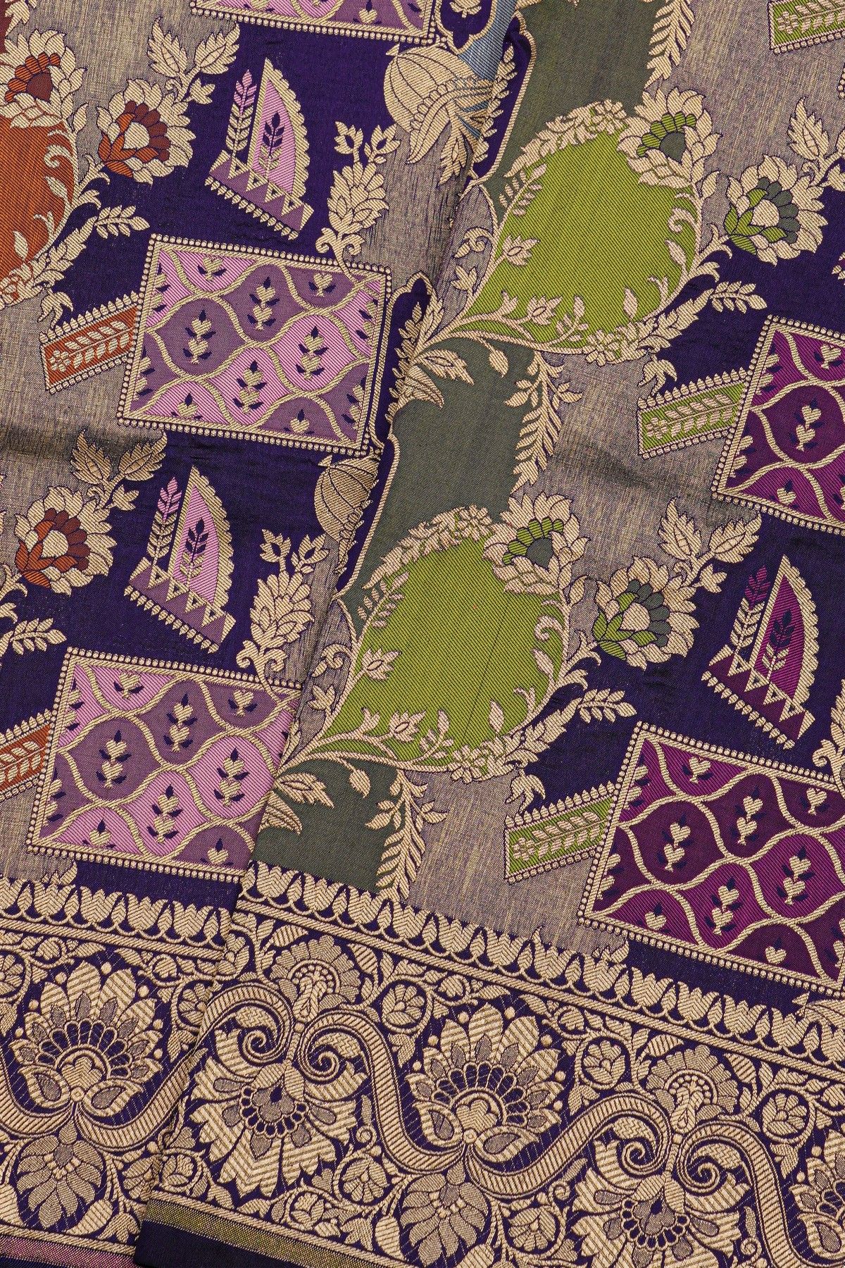 Banarasi Silk Multi Colour Saree With Florals and Leaves Jaal Border