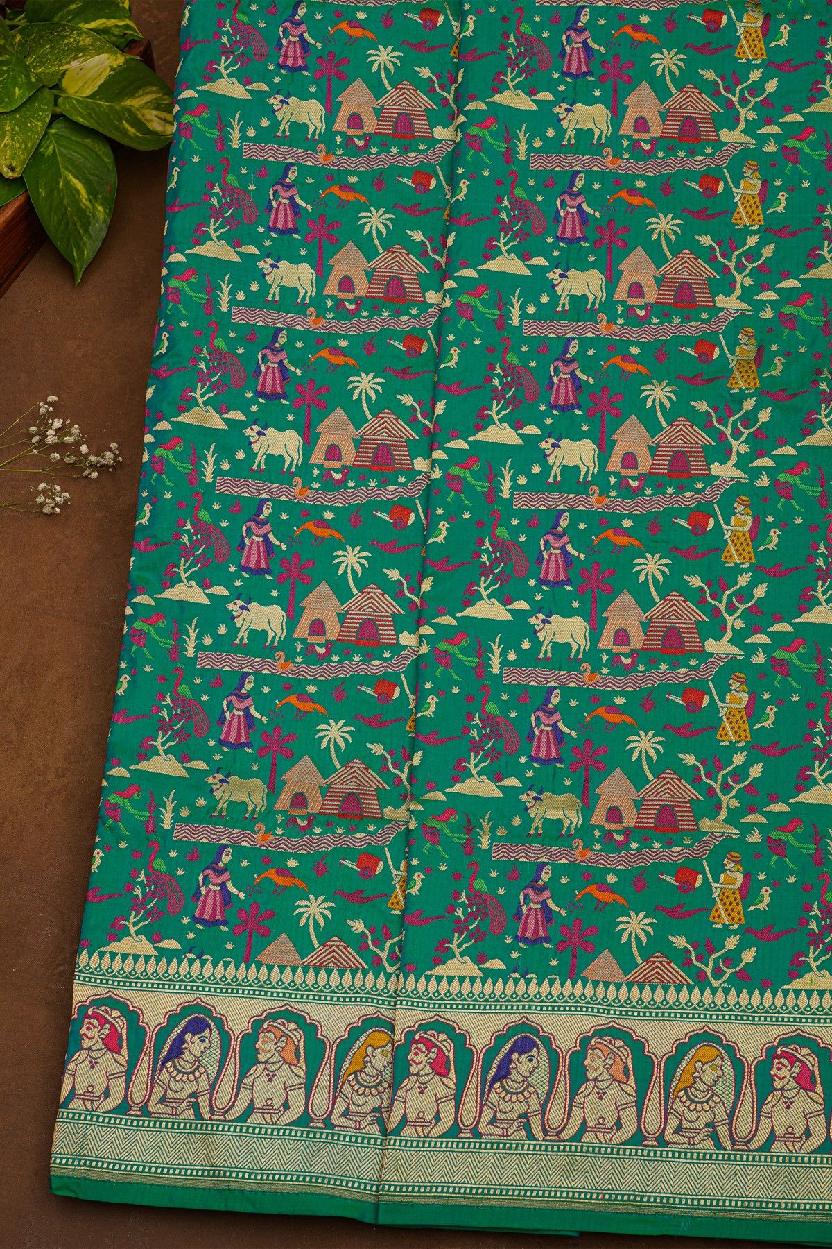 Banarasi Silk Sea Green Saree With Rural Village Landscape Theme