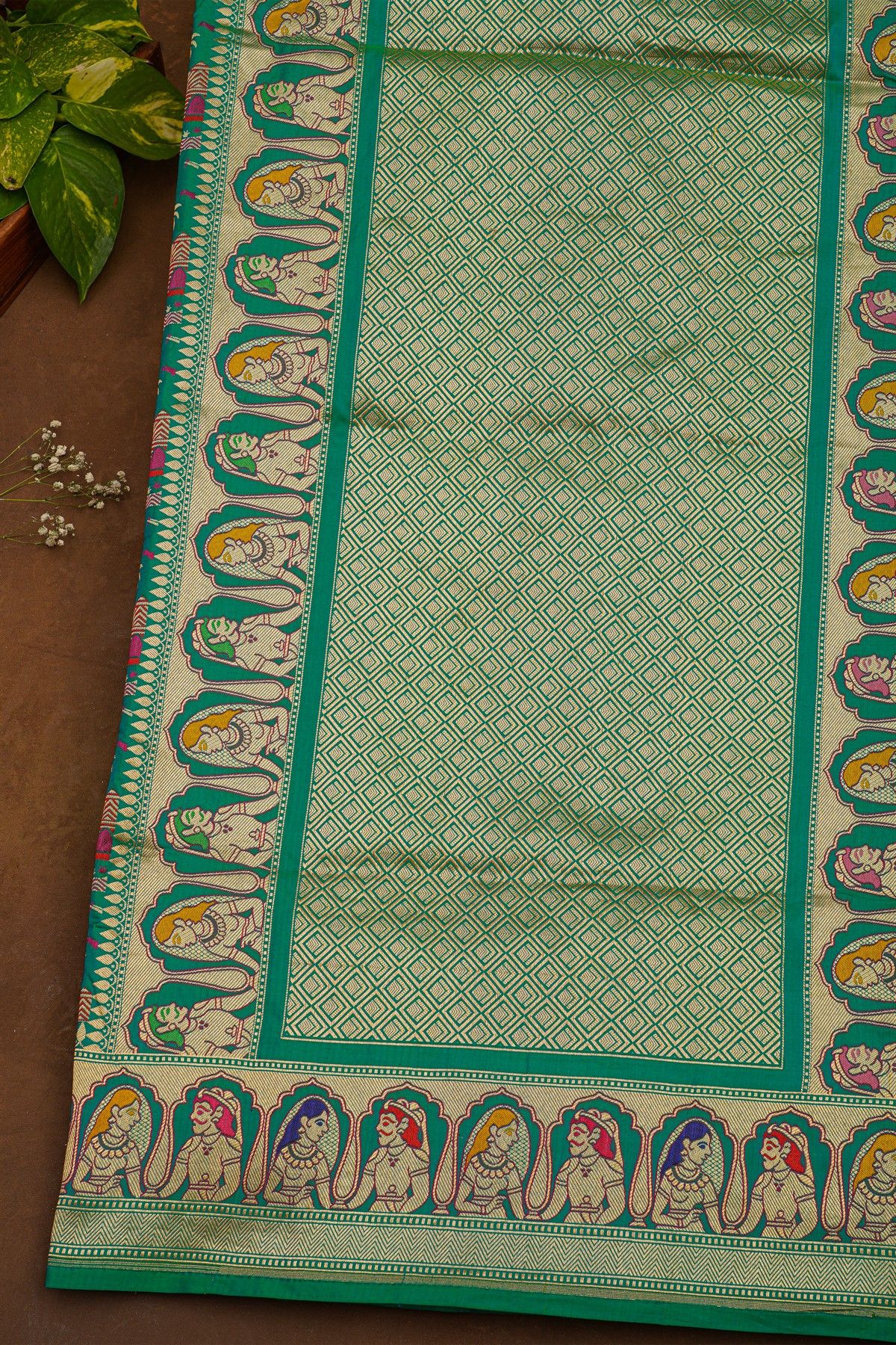 Banarasi Silk Sea Green Saree With Rural Village Landscape Theme