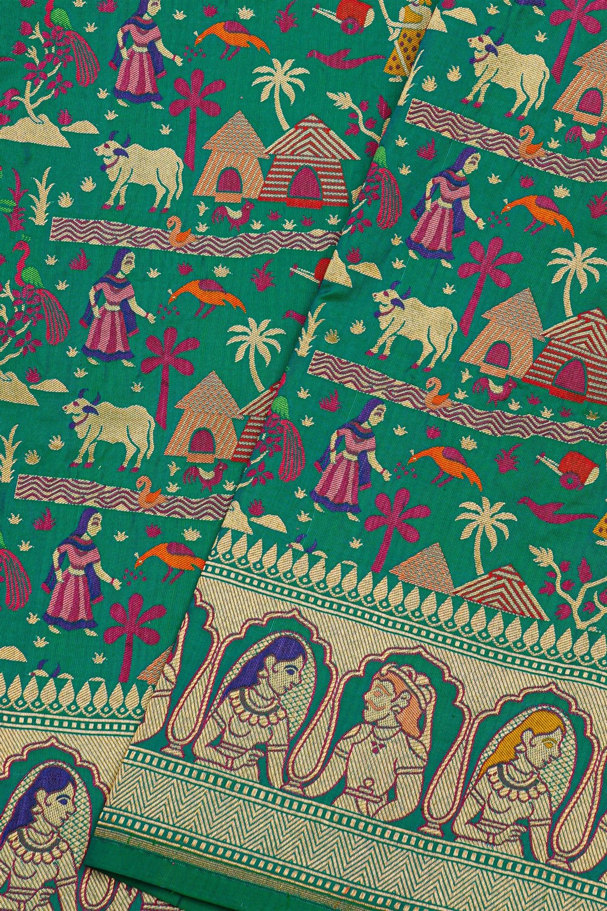 Banarasi Silk Sea Green Saree With Rural Village Landscape Theme