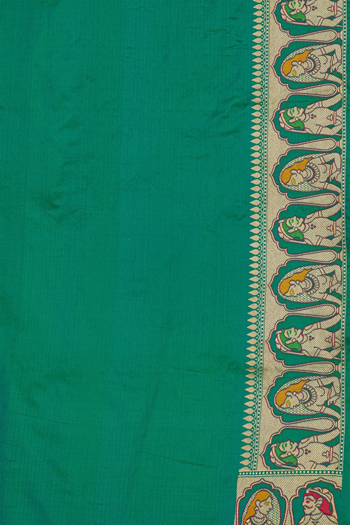 Banarasi Silk Sea Green Saree With Rural Village Landscape Theme