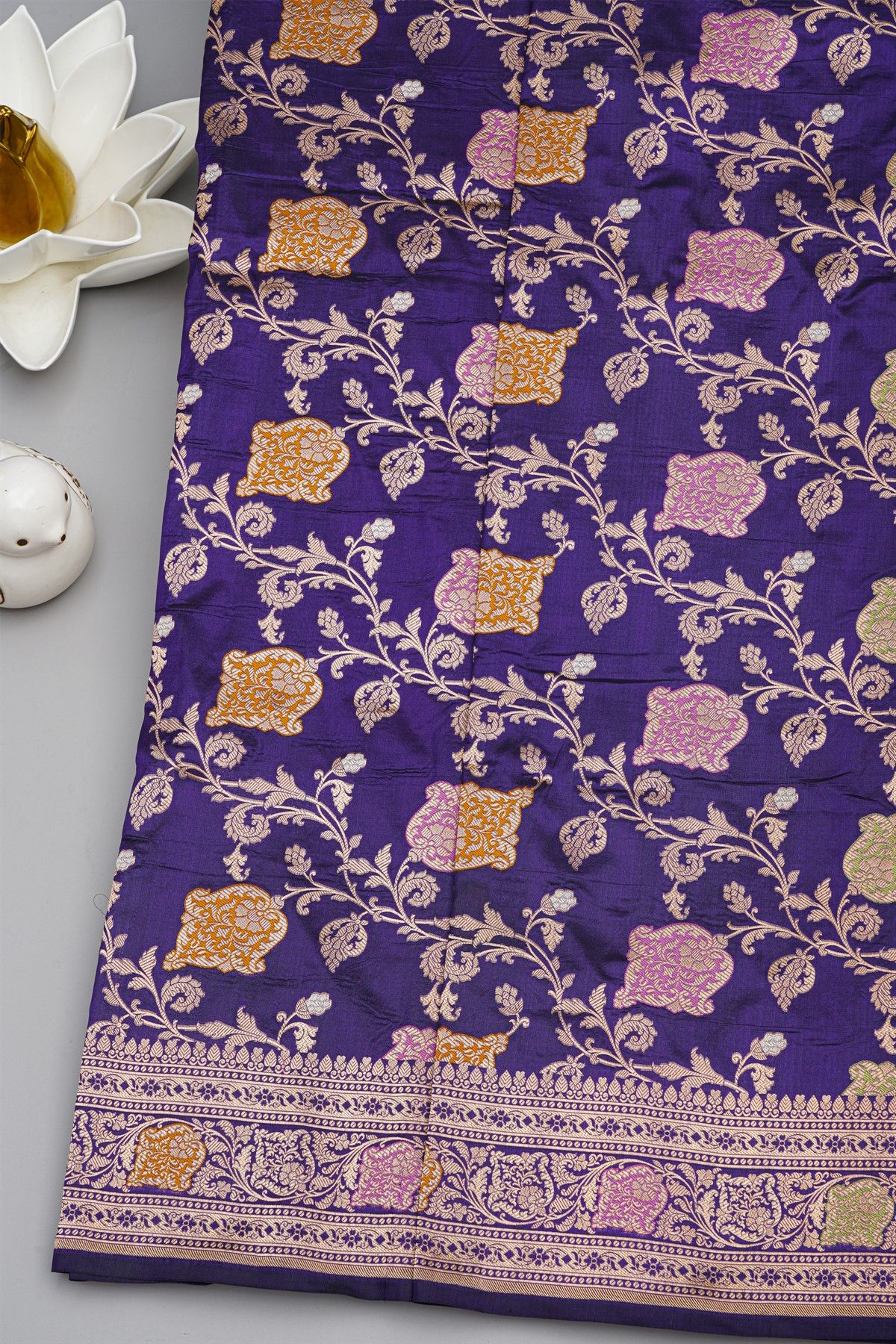 Banarasi Silk Violet Saree With Village Motifs Florals And Leaves Jaal Body