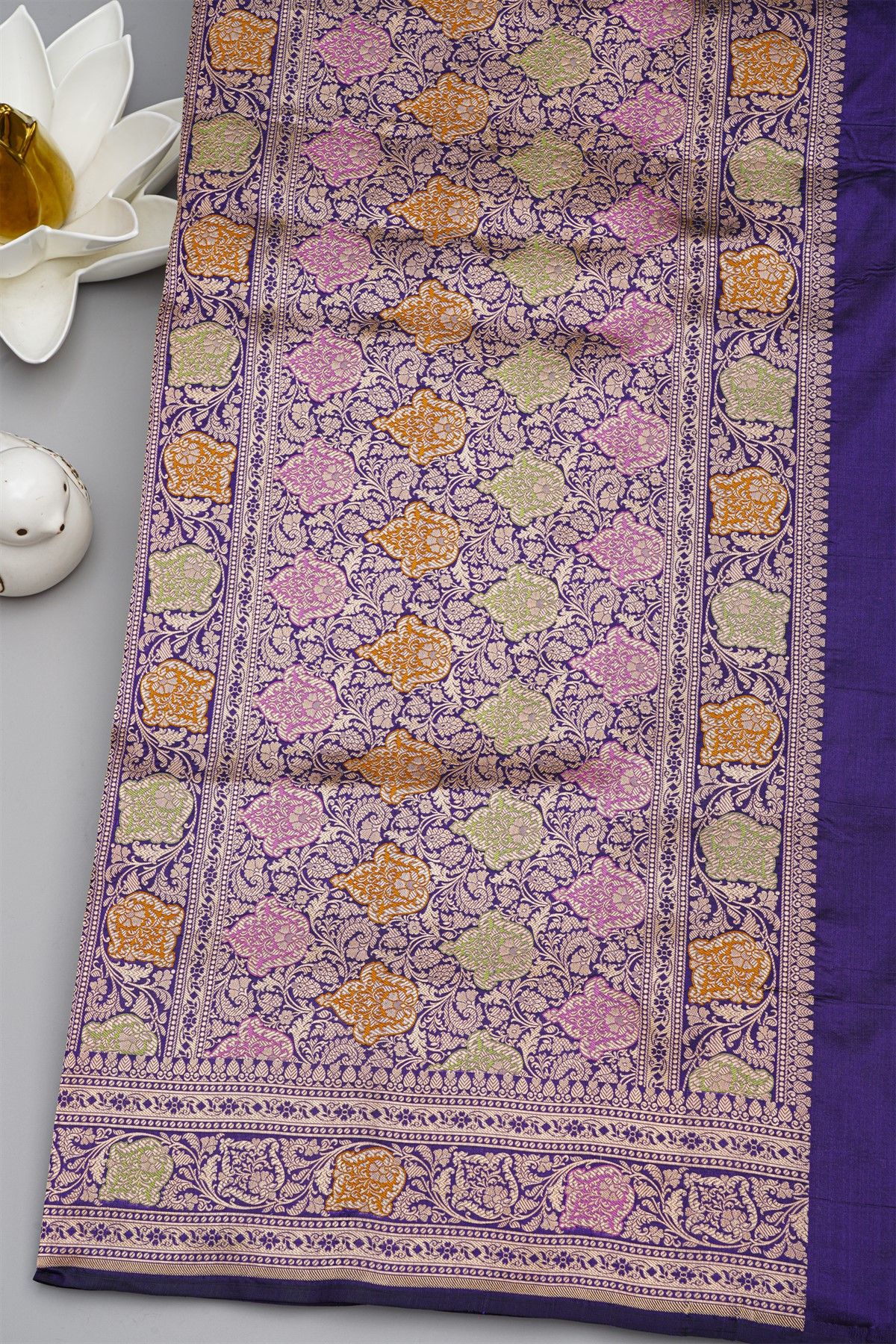Banarasi Silk Violet Saree With Village Motifs Florals And Leaves Jaal Body