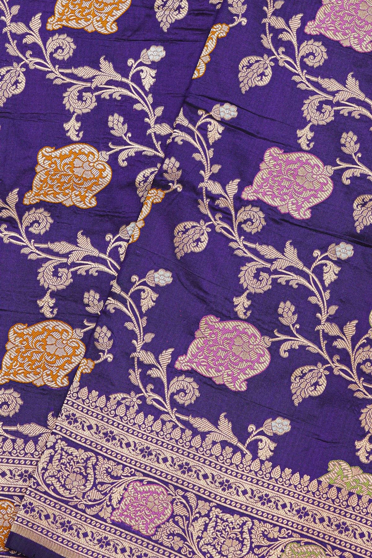 Banarasi Silk Violet Saree With Village Motifs Florals And Leaves Jaal Body