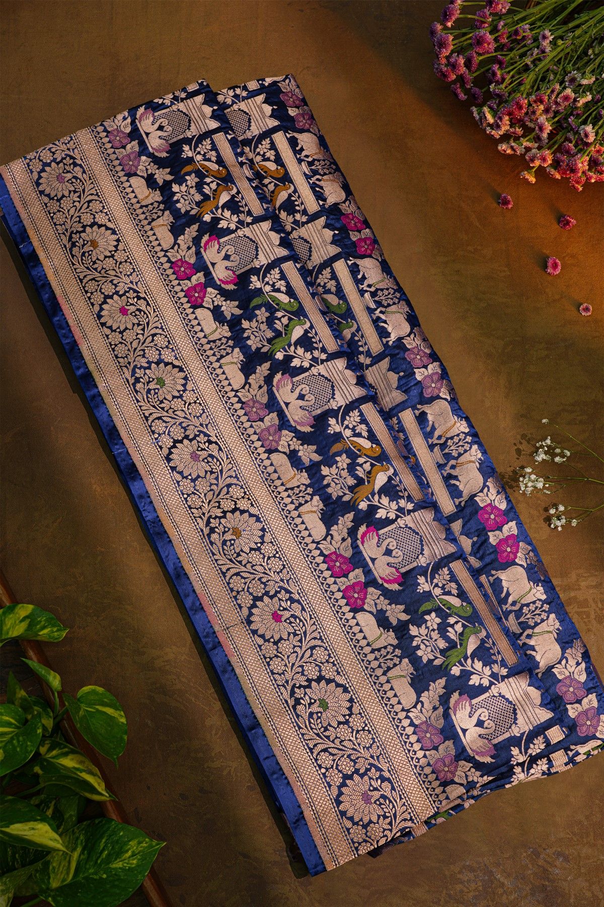 Banarasi Silk Royal Blue Saree With Cows And Swans Body