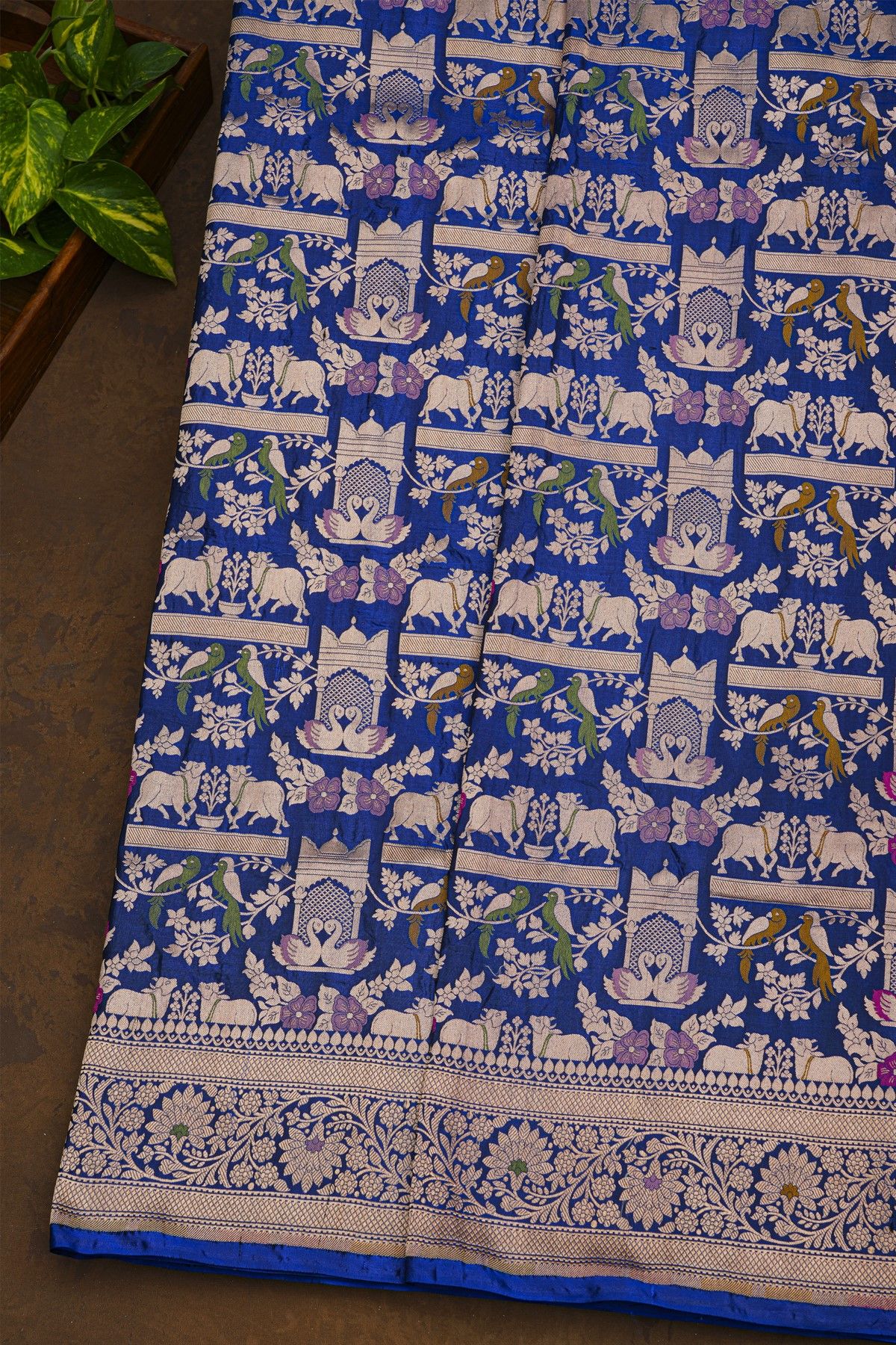 Banarasi Silk Royal Blue Saree With Cows And Swans Body