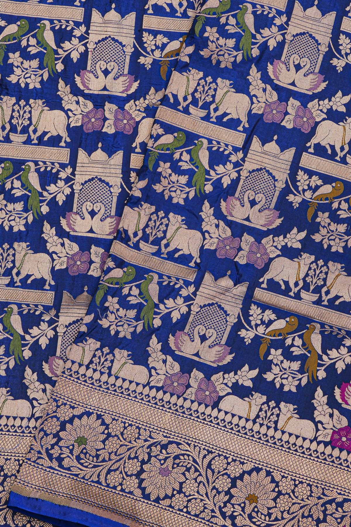 Banarasi Silk Royal Blue Saree With Cows And Swans Body