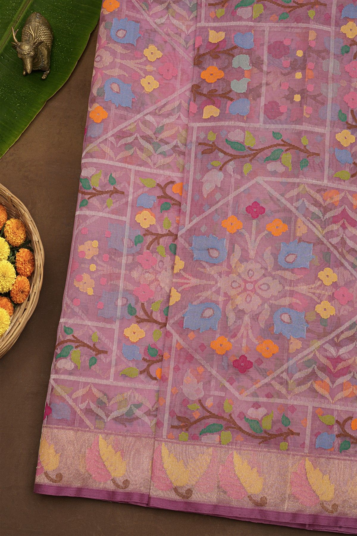 Banarasi Kora Purple Saree With Florals And Leaves Border