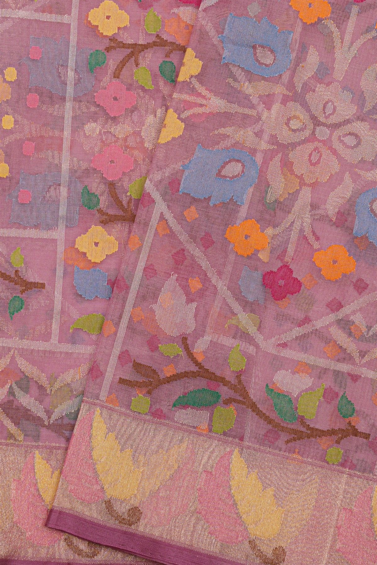 Banarasi Kora Purple Saree With Florals And Leaves Border