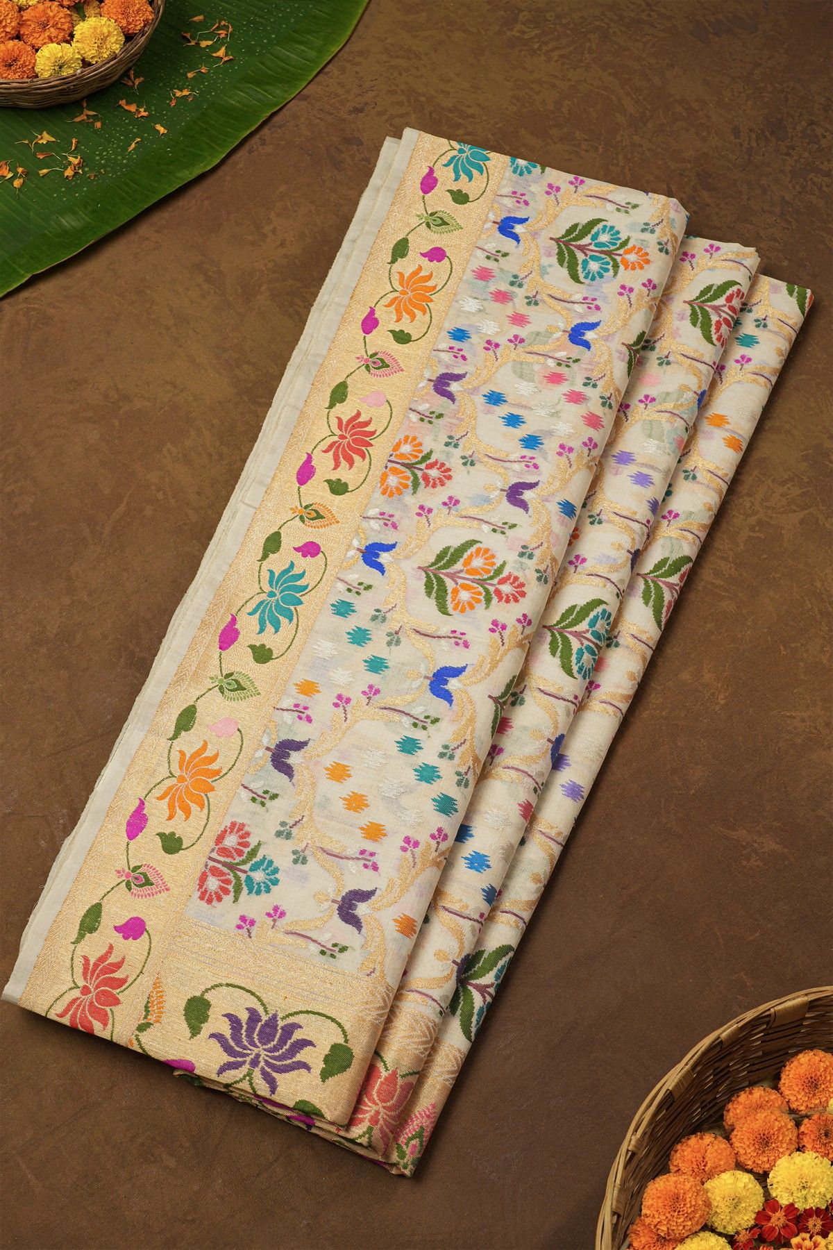 Banarasi Kora Cream Saree With Florals And Leaves In Meenakari Design