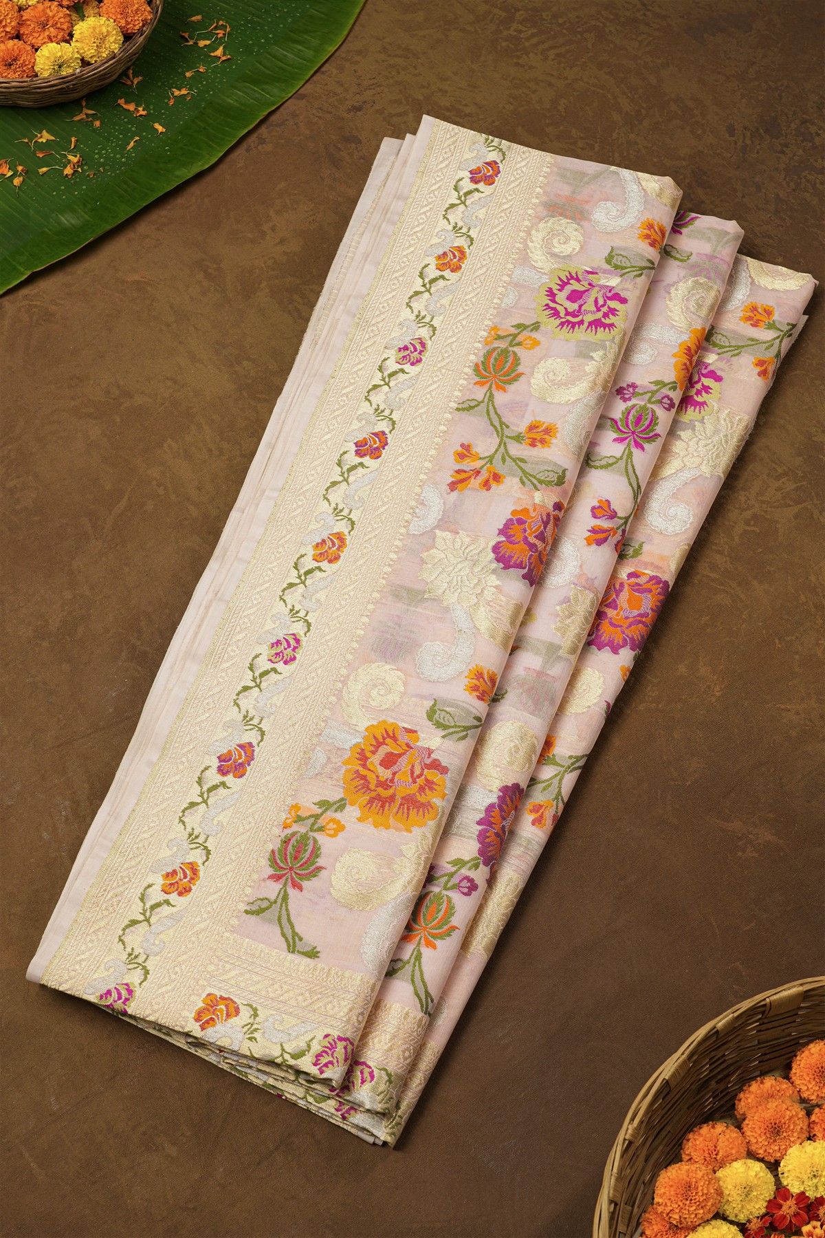 Banarasi Kora Baby Pink Saree With Florals And Leaves With Cross Lines