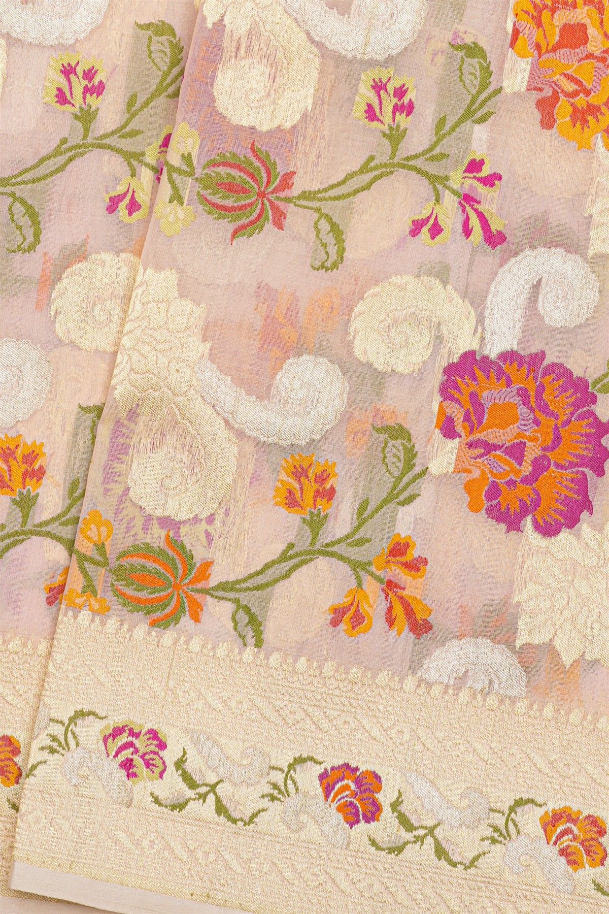 Banarasi Kora Baby Pink Saree With Florals And Leaves With Cross Lines