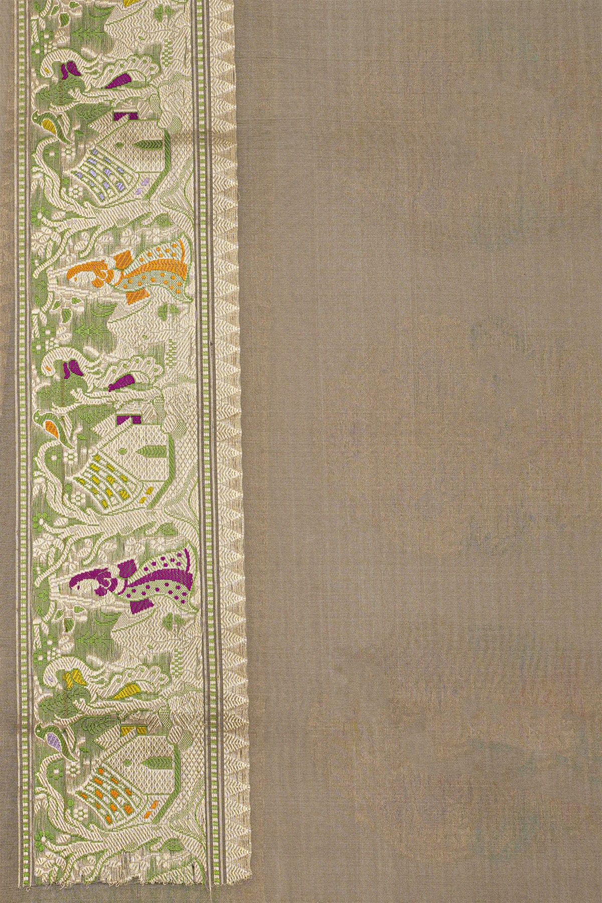 Banarasi Kora Grey Saree With Florals And Human Motifs Border