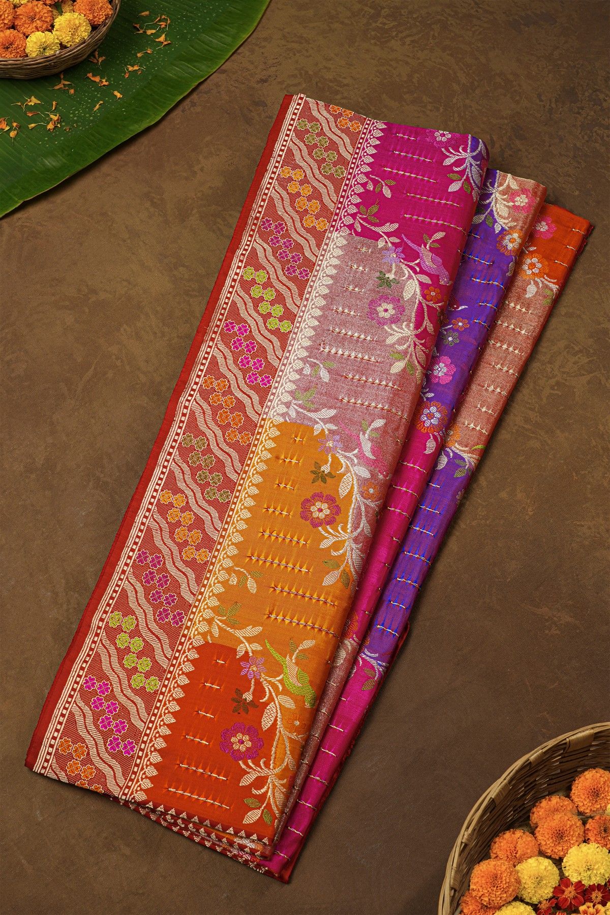 Banarasi Silk Multi-Colour Saree With Florals And Leaves With Cross Lines Border