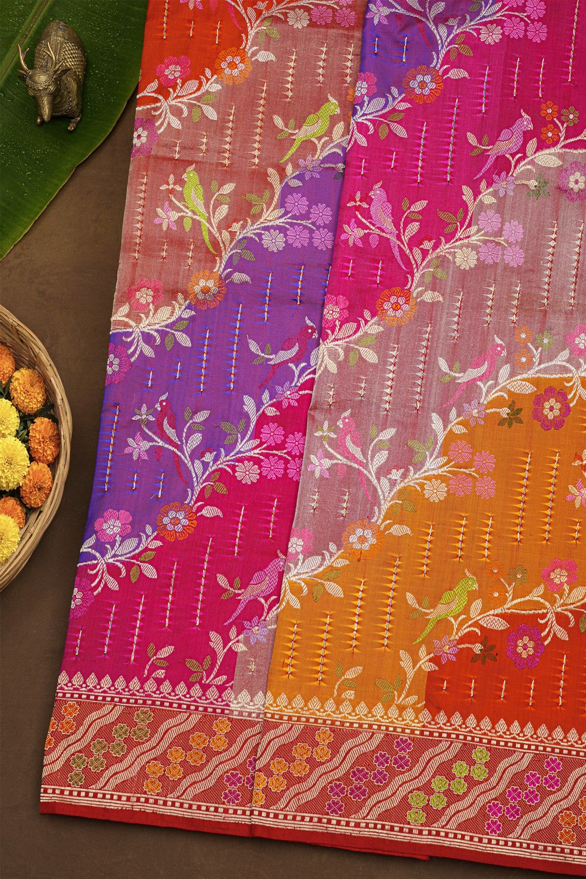 Banarasi Silk Multi-Colour Saree With Florals And Leaves With Cross Lines Border