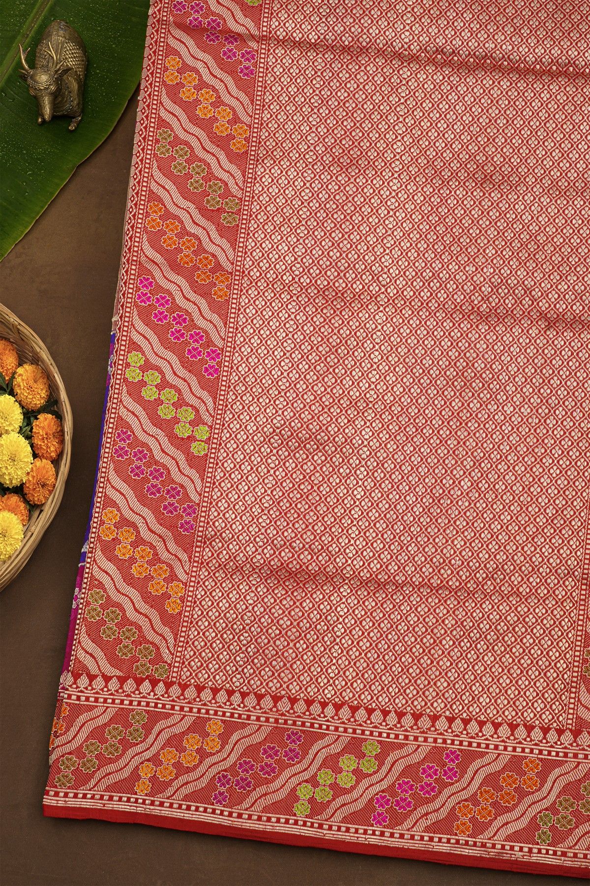 Banarasi Silk Multi-Colour Saree With Florals And Leaves With Cross Lines Border