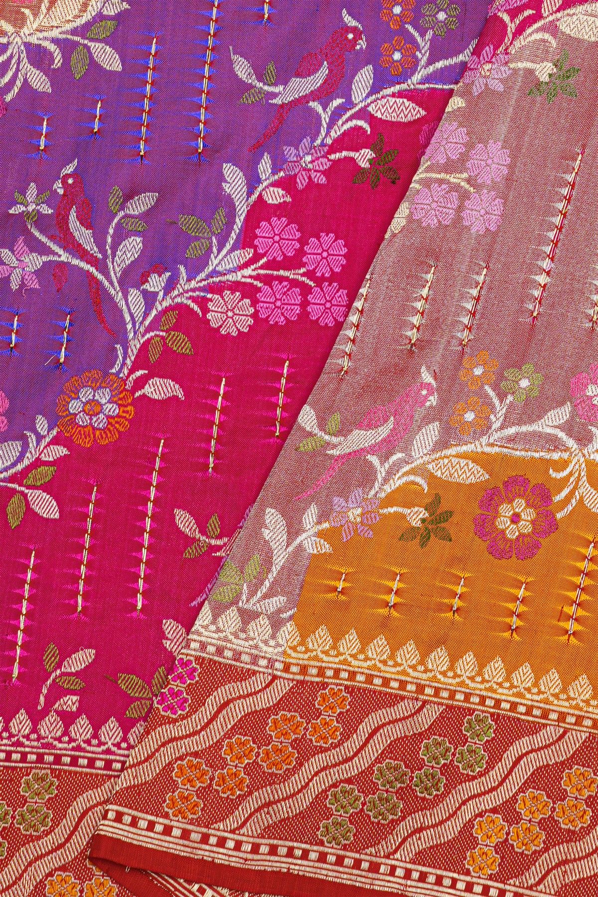 Banarasi Silk Multi-Colour Saree With Florals And Leaves With Cross Lines Border