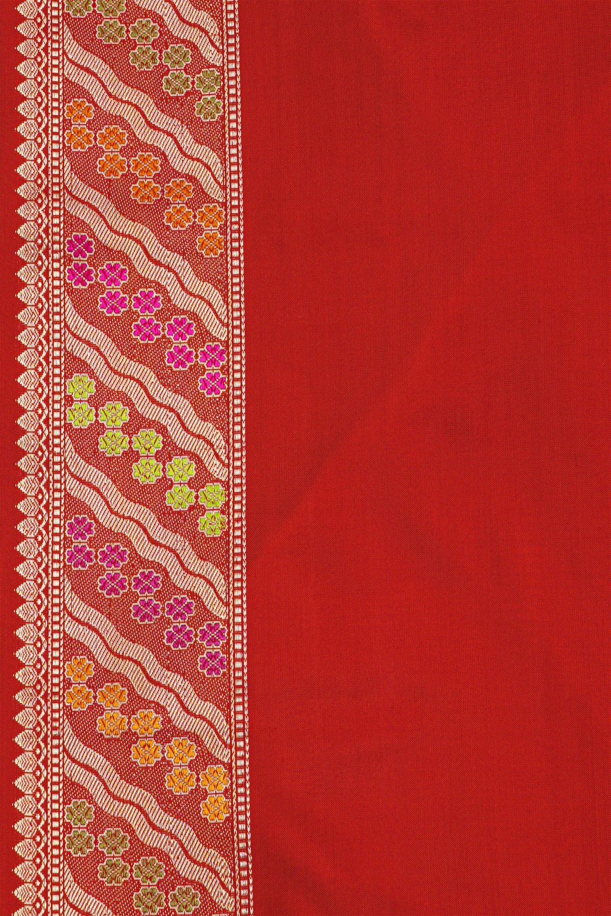 Banarasi Silk Multi-Colour Saree With Florals And Leaves With Cross Lines Border