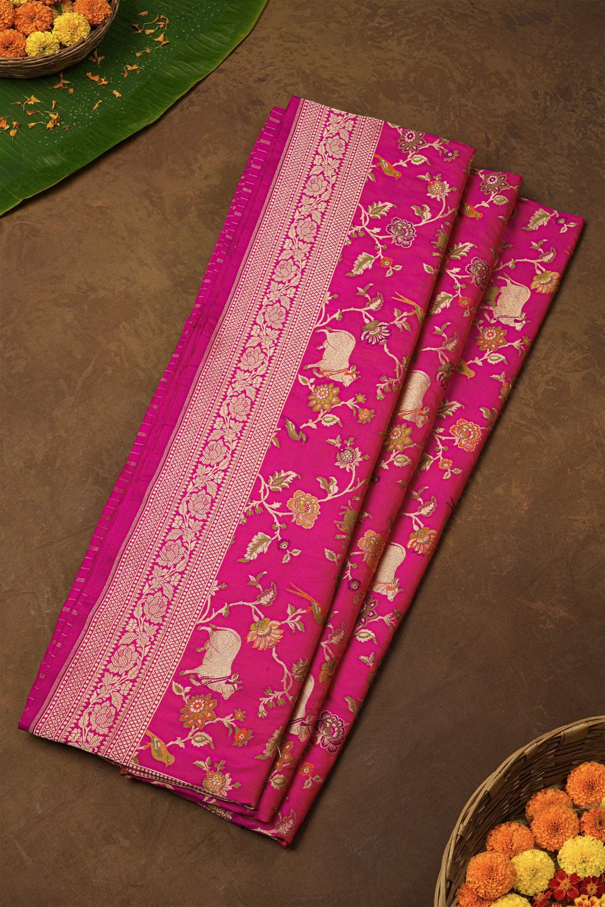 Banarasi Silk Pink Saree With Florals And Leaves With Diamonds Border