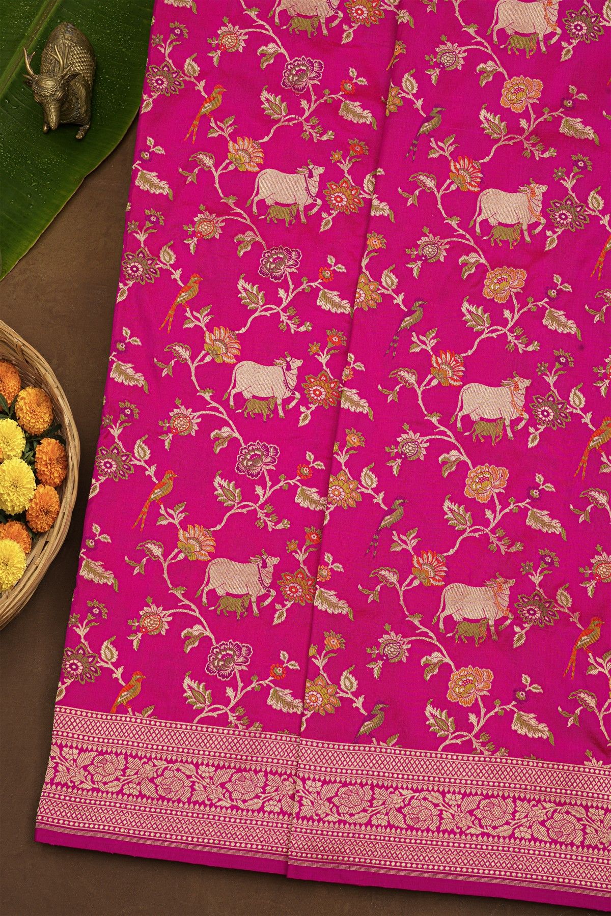 Banarasi Silk Pink Saree With Florals And Leaves With Diamonds Border