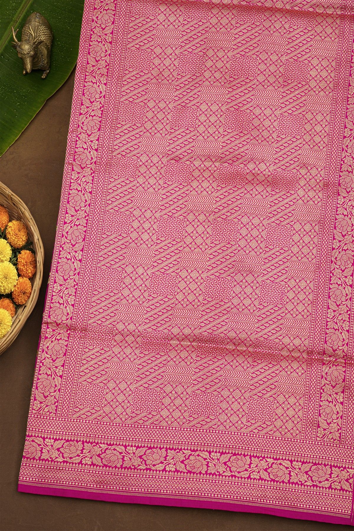Banarasi Silk Pink Saree With Florals And Leaves With Diamonds Border