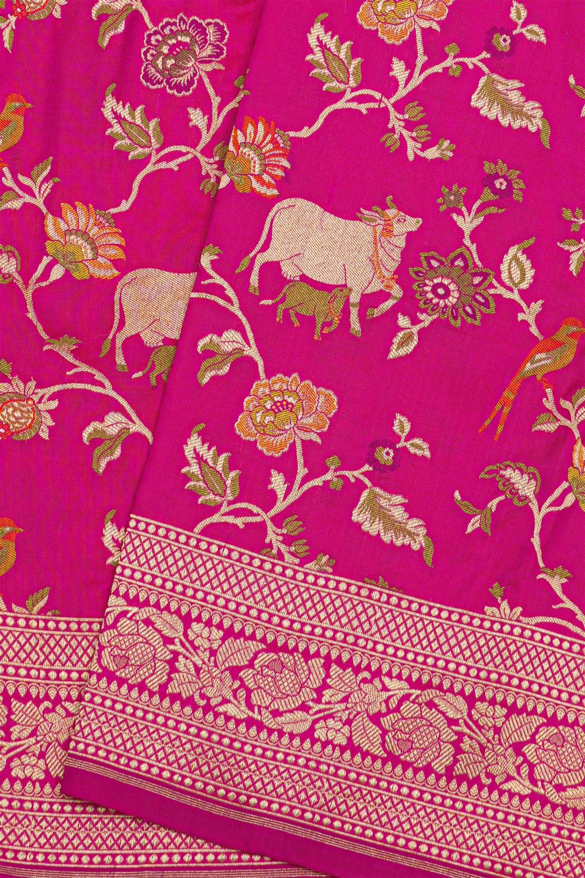 Banarasi Silk Pink Saree With Florals And Leaves With Diamonds Border