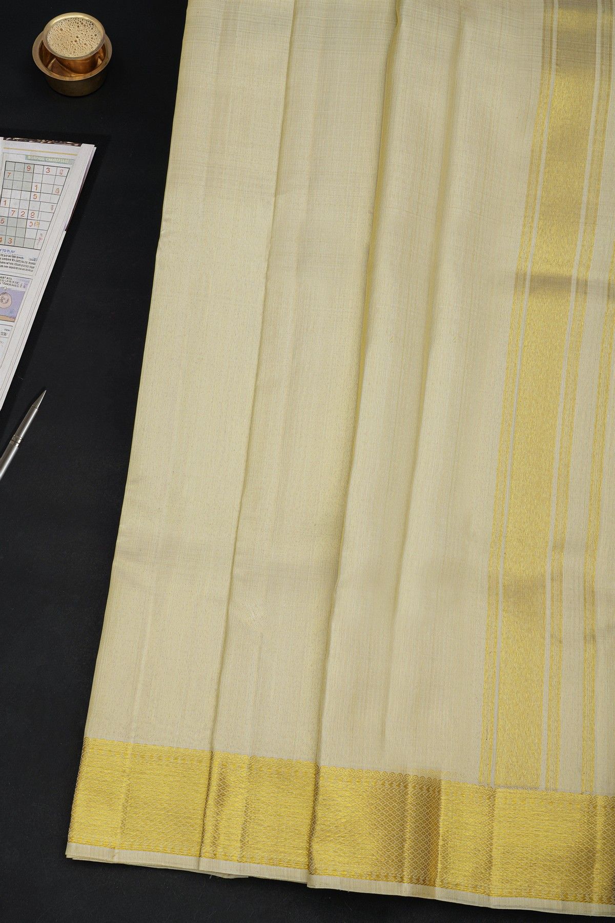 Kancheepuram Silk Off White Dhoti With Diamond Border