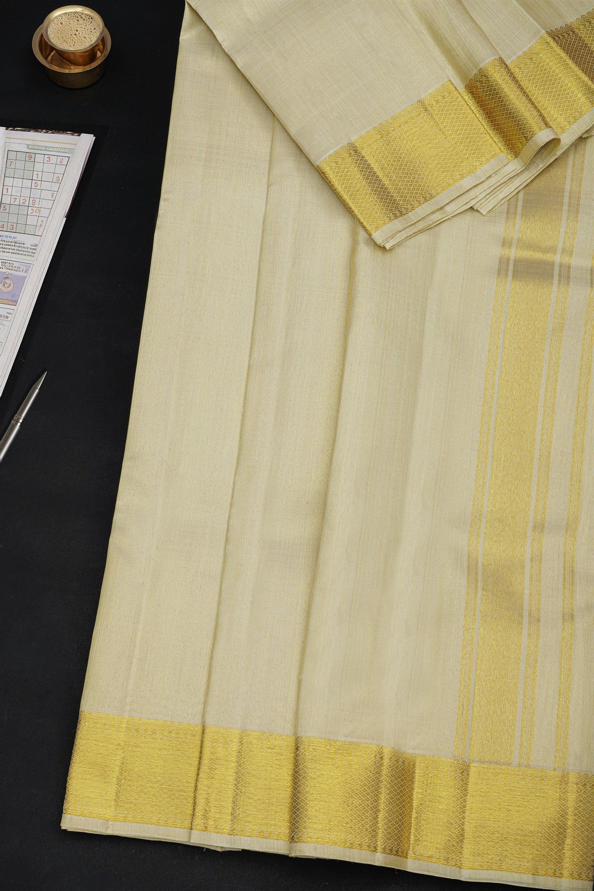 Kancheepuram Silk Off White Dhoti With Diamond Border