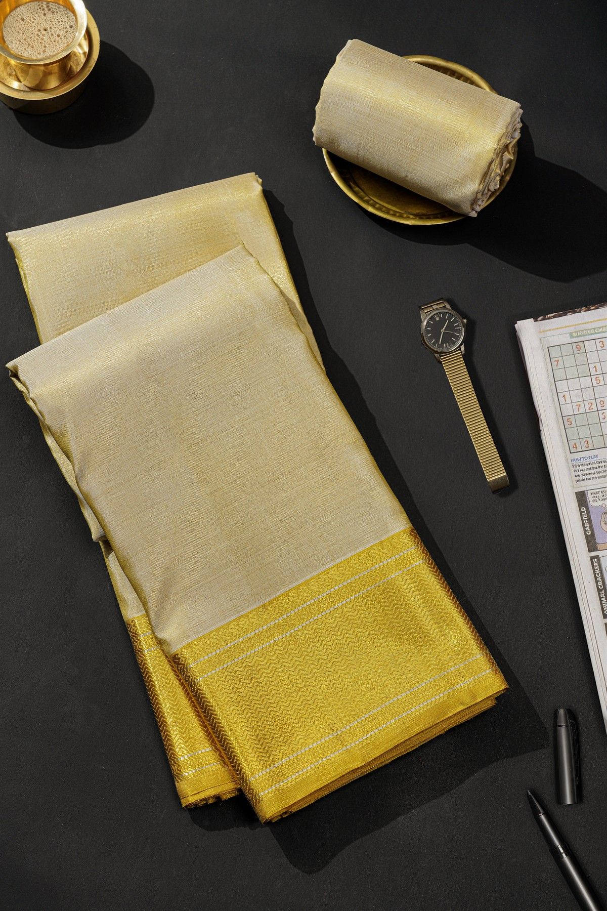 Kancheepuram Silk Cream Dhoti With Zig-Zag Lines Gold Border