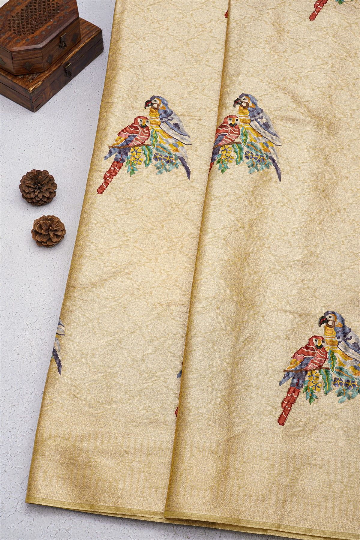 Banarasi Georgette Cream Saree With Birds Border