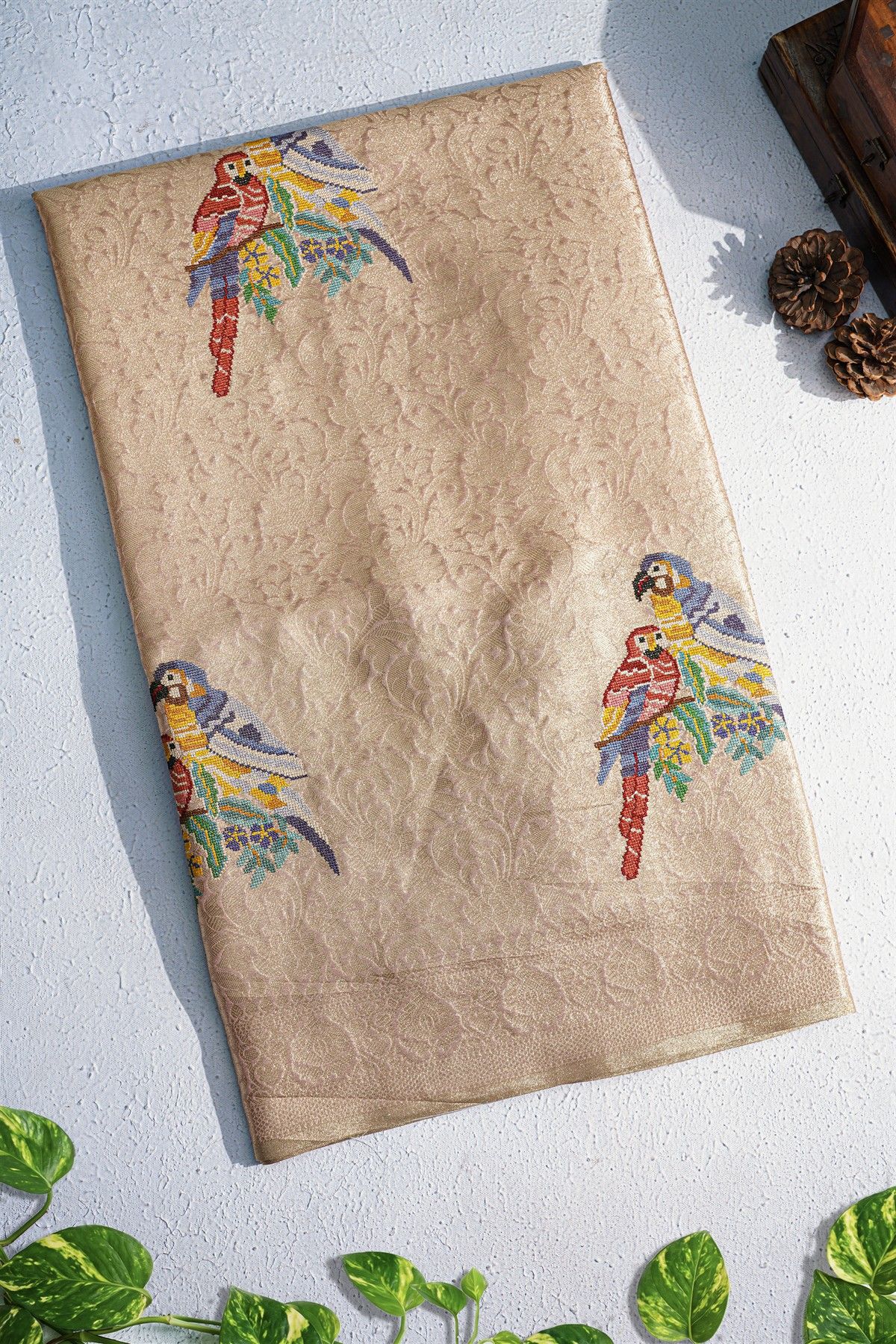 Banarasi Georgette Cream Saree With Florals And Leaves Border