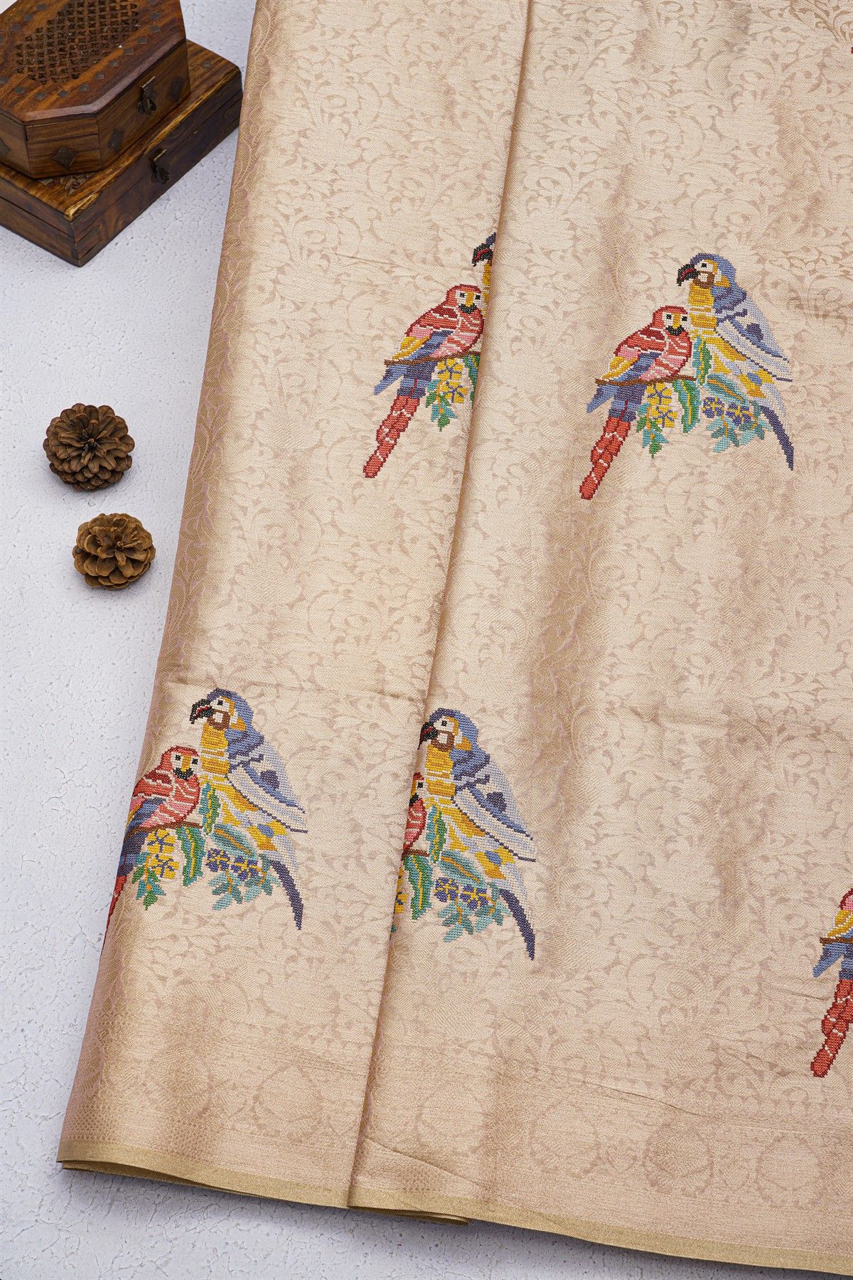 Banarasi Georgette Cream Saree With Florals And Leaves Border
