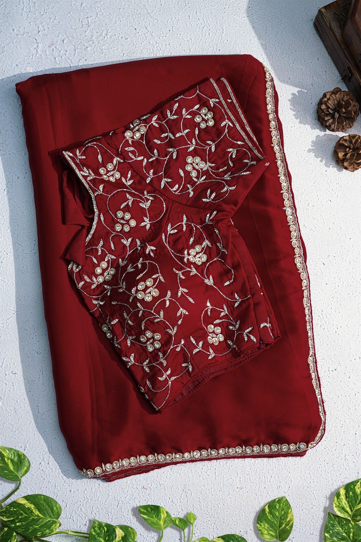 Banarasi Georgette Maroon Saree With Ready To Wear Blouse