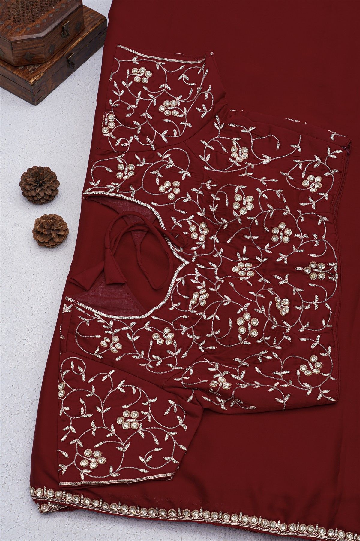 Banarasi Georgette Maroon Saree With Ready To Wear Blouse