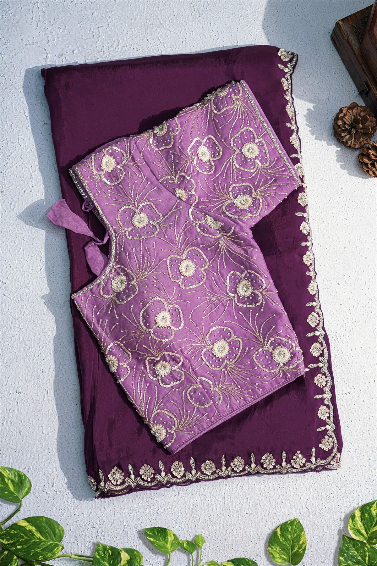 Banarasi Georgette Dark Purple Saree With Small Buttis With Zari Border