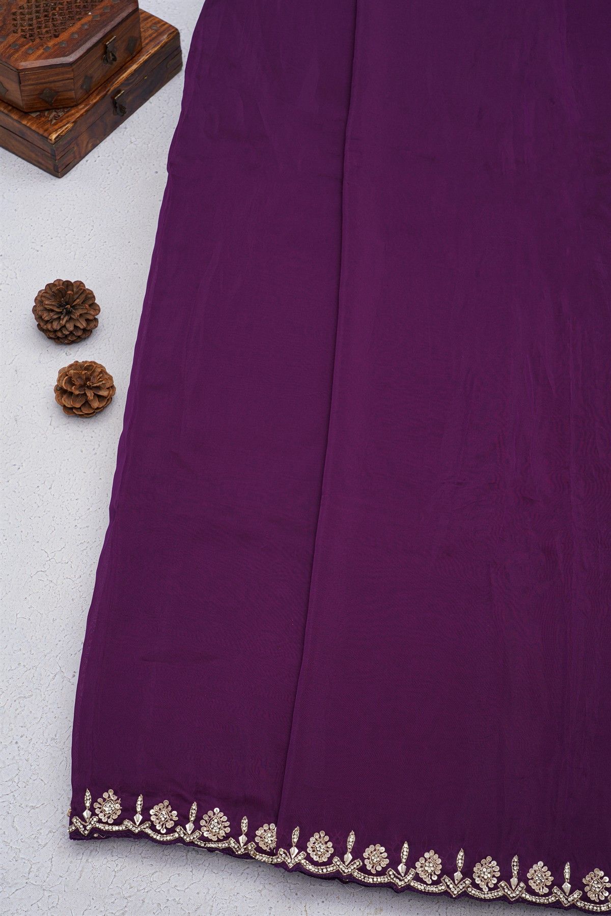 Banarasi Georgette Dark Purple Saree With Small Buttis With Zari Border