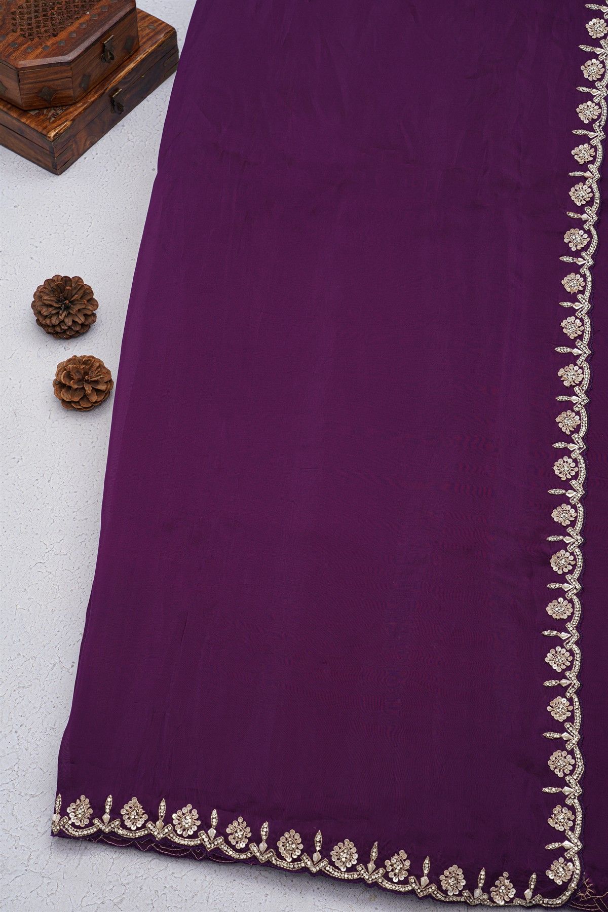 Banarasi Georgette Dark Purple Saree With Small Buttis With Zari Border