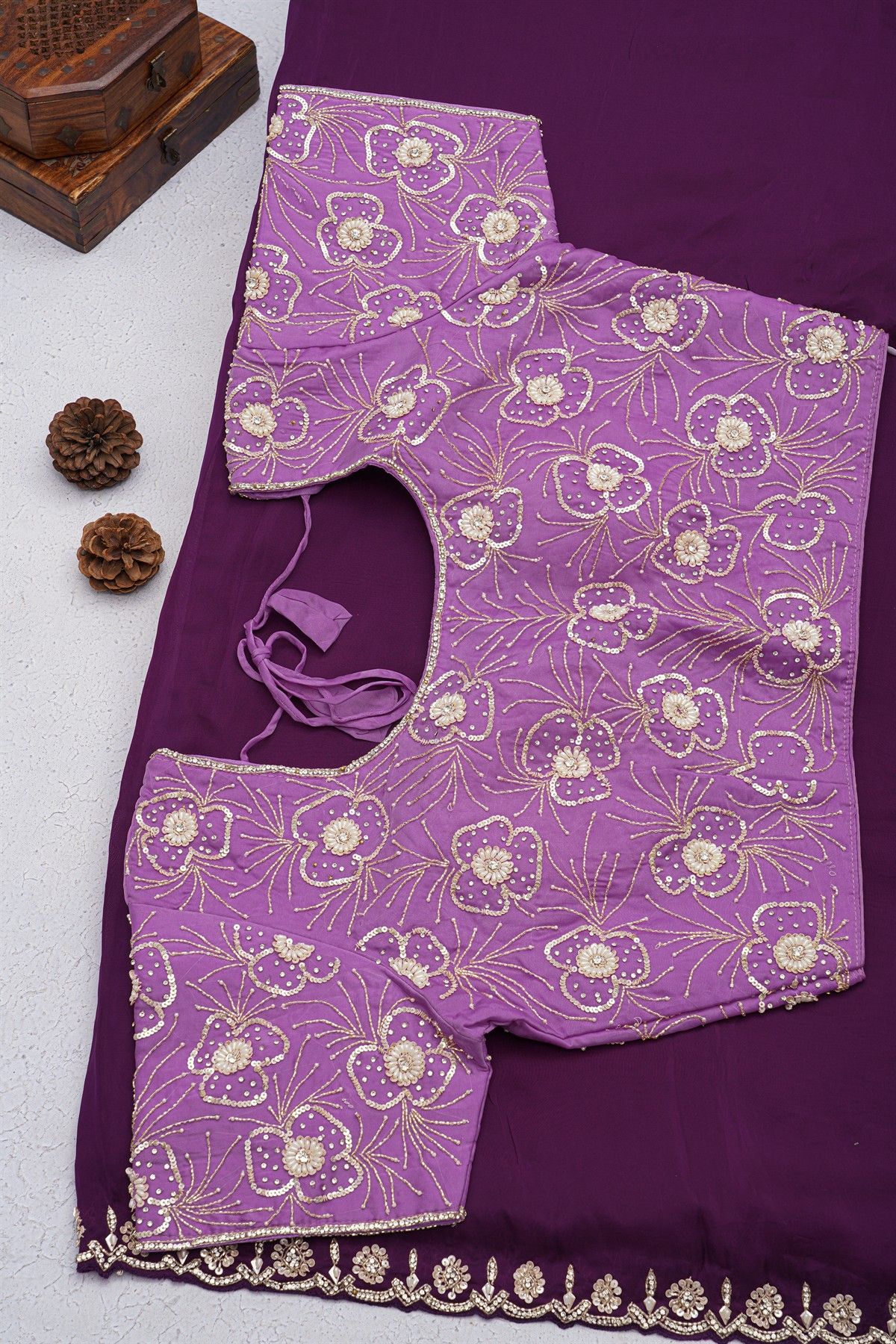 Banarasi Georgette Dark Purple Saree With Small Buttis With Zari Border