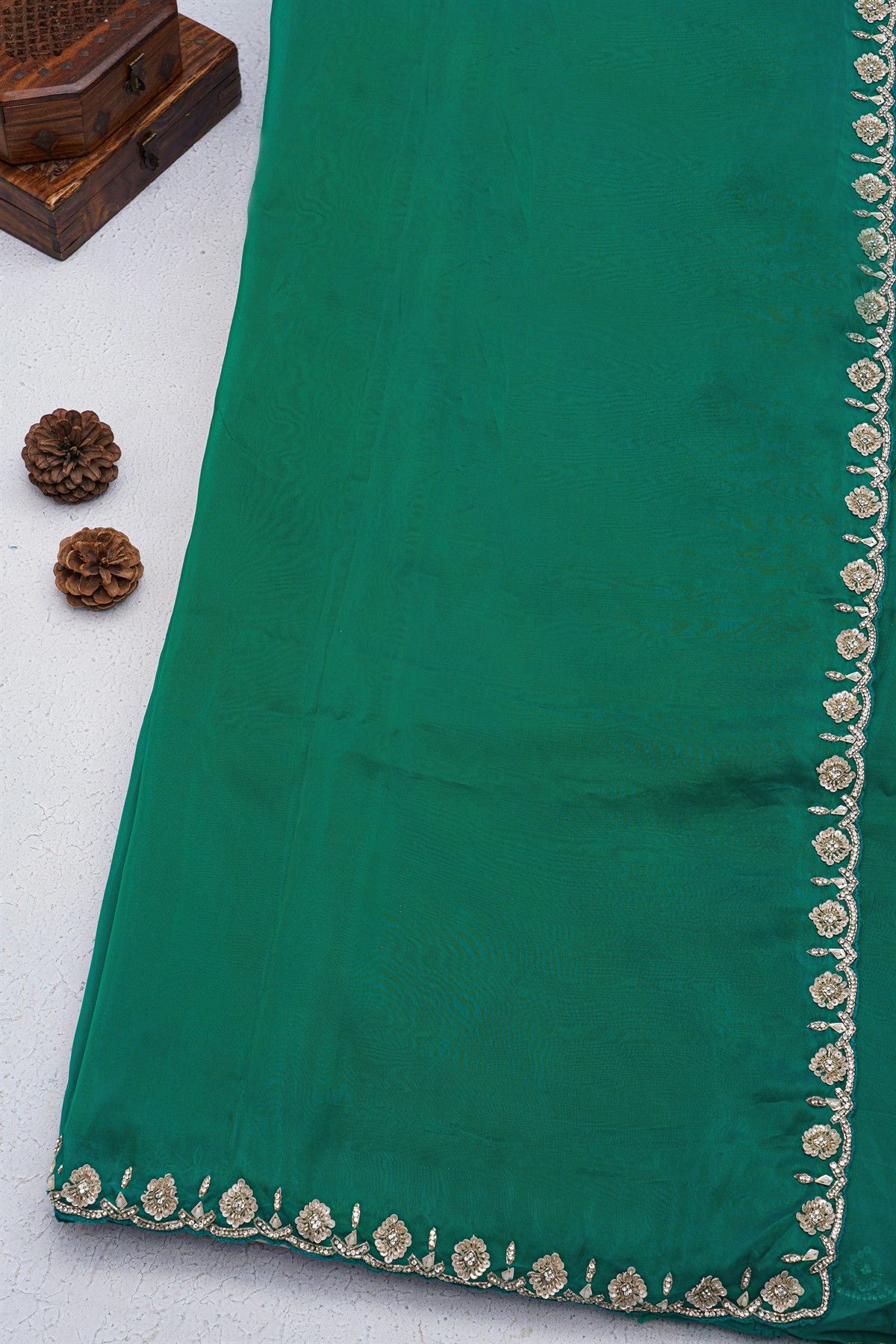 Banarasi Georgette Bottle Green Saree With Florals And Leaves Border