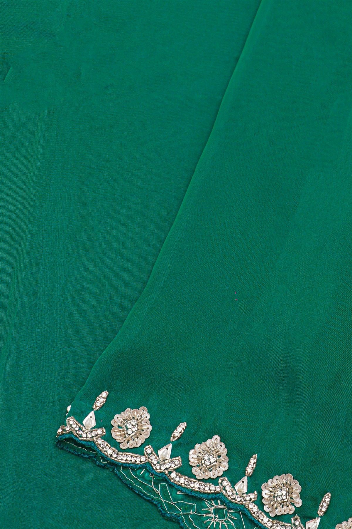 Banarasi Georgette Bottle Green Saree With Florals And Leaves Border