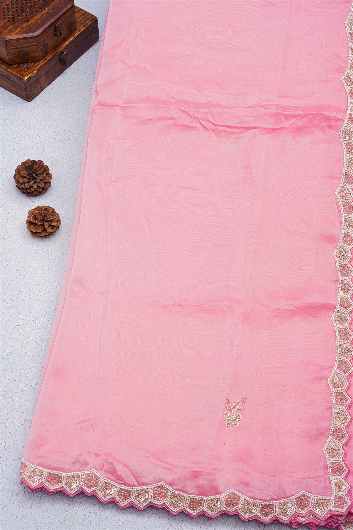 Banarasi Georgette Baby Pink Saree With Sequence Pattern Border