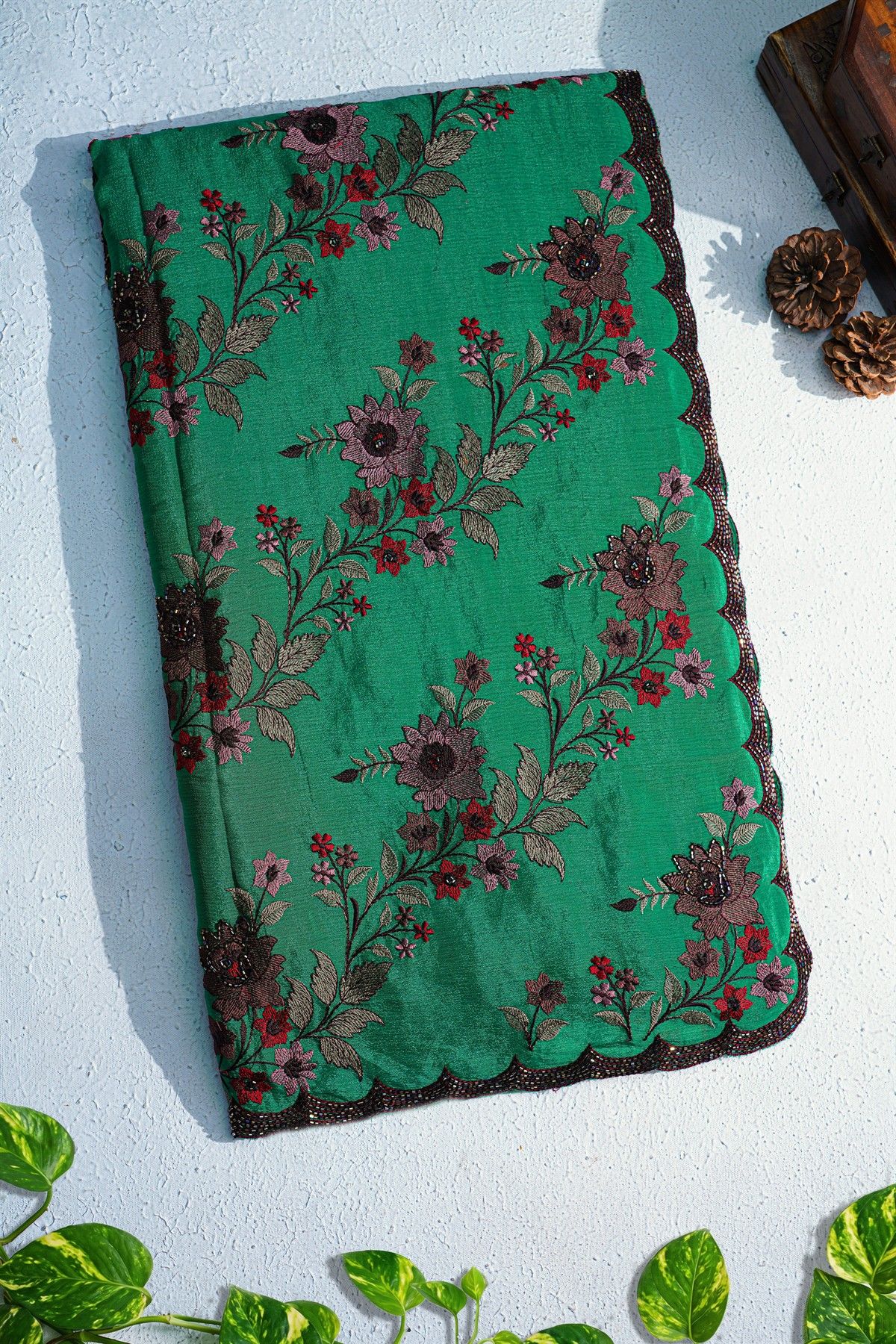 Fancy Georgette Peacock Green Saree With Weaves Design In Kardana Work Border
